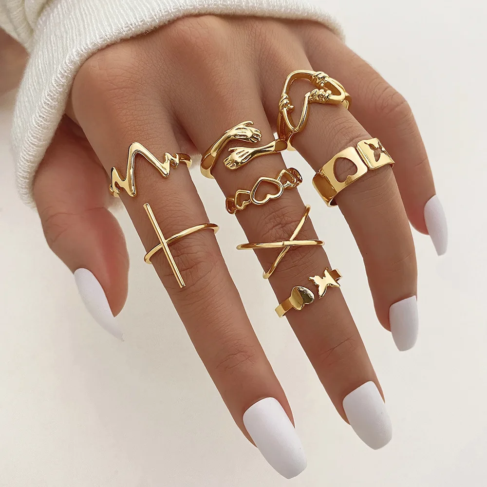 23pcs/set Creative Design Women Ladies Pearl Sun Moon Stainless Steel Stackable Gold Plated Diamond Cross Leaf Ring Set