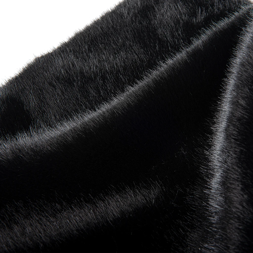 Black color 100% polyester faux fur fabric mink fox fur fabrics for hood scarves , winter ponchos, ladies pullovers