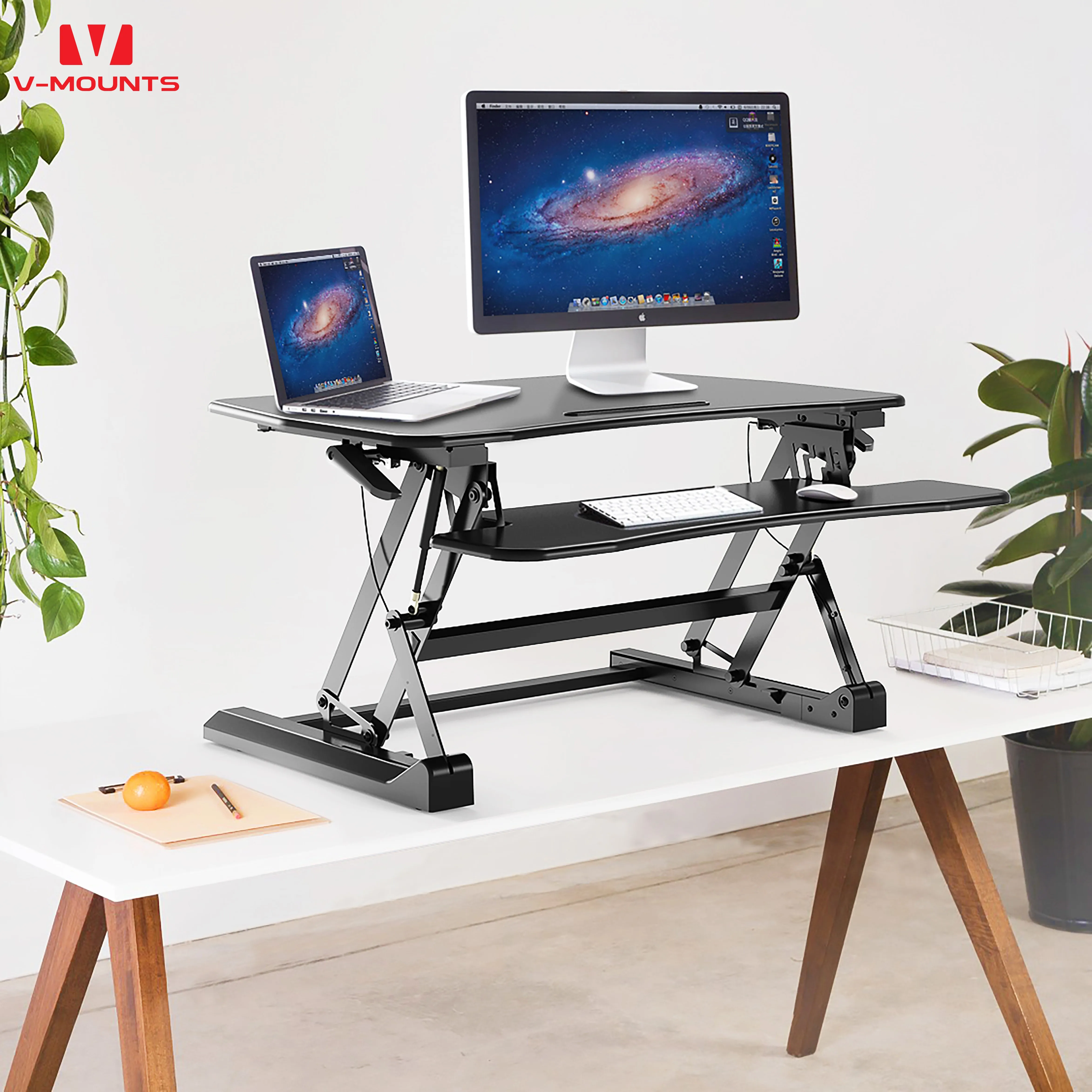 V-mounts Home Office Modern Dual Monitor Laptop Desk Height Adjustable Computer Riser Sit Stand Converter Made Plastic VM-LD07