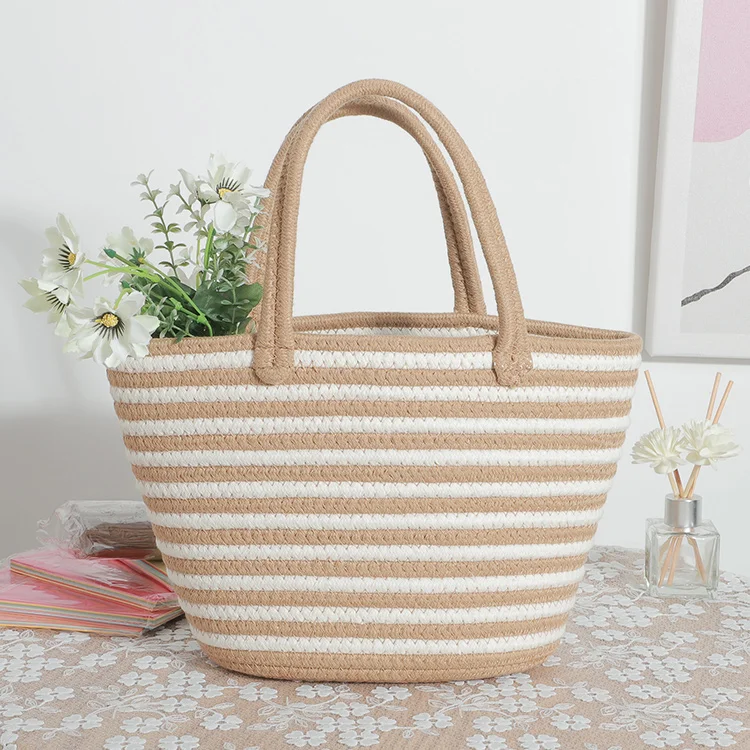 Wholesale Cotton Rope Woven Handbag Crochet Summer Beach Tote basket Vacation Basket Knitting Thread Storage Bucket Bag
