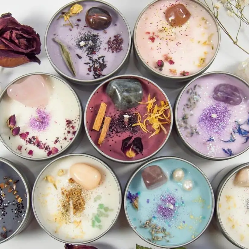 private label gemstone soy wax healing magical witch candle with crystals