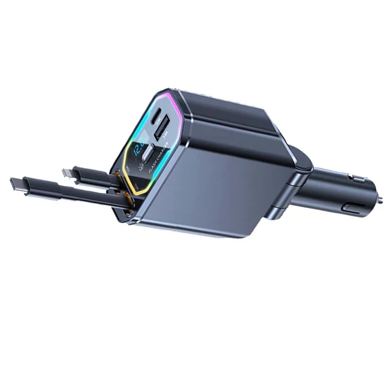 Hot Selling 4-in-1 Retractable 12V/24V C Type USB Port Wireless Adapter Charger Efficient Cyberpunk Design Style Car Charger