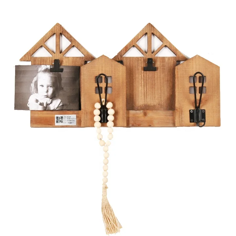 ARTMADE Natural Wooden Wall Rack Rustic Wall Mounted Mail Holder Photo Storage Rack With 2 Double Key Hooks