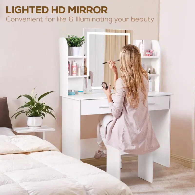 Custom Color LED Light FSC Wooden Makeup Vanity Dressing Table Set with Mirror and Drawer