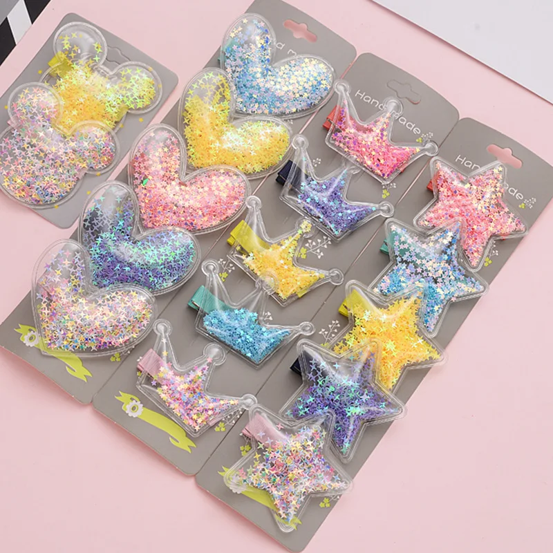 Новинка заколка для волос прозрачные блестки зыбучий песок Корона Звезда мышь любовь BB клипса головной убор