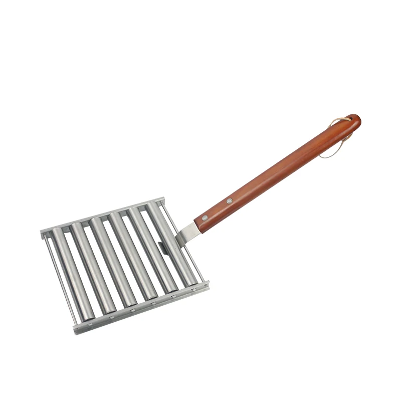 BBQ Accessories Hot Dog Roller Stainless Steel Sausage Roller Rack Griller with Extra Long Wood Handle