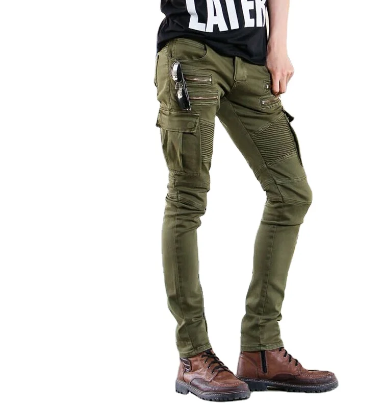 
two colors Green &black Mens biker Skinny jeans for men slim elastic jeans denim Biker jeans hiphop pants in stock accept small 