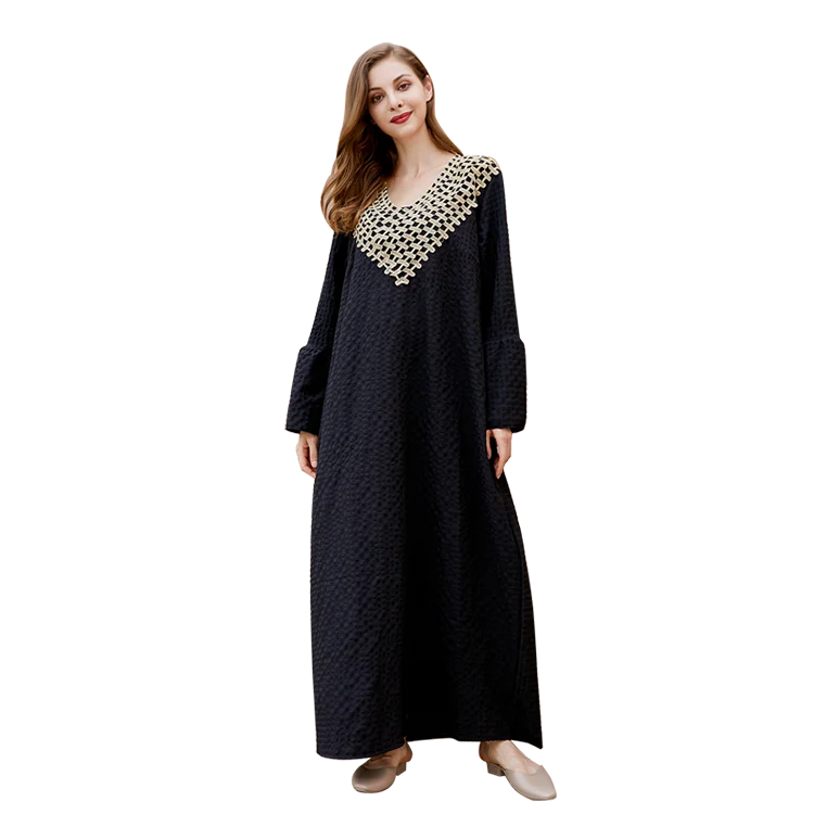 Hot Selling Muslims Long Sleeve Trumpet Sleeve Tunic Dress V-Neck Embroidery Long Skirt