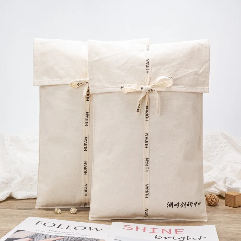 Recyclable Cotton Canvas Fabric Drawstring Dust Bag With Ribbon Logo Printed for Shoes Clothes Packing