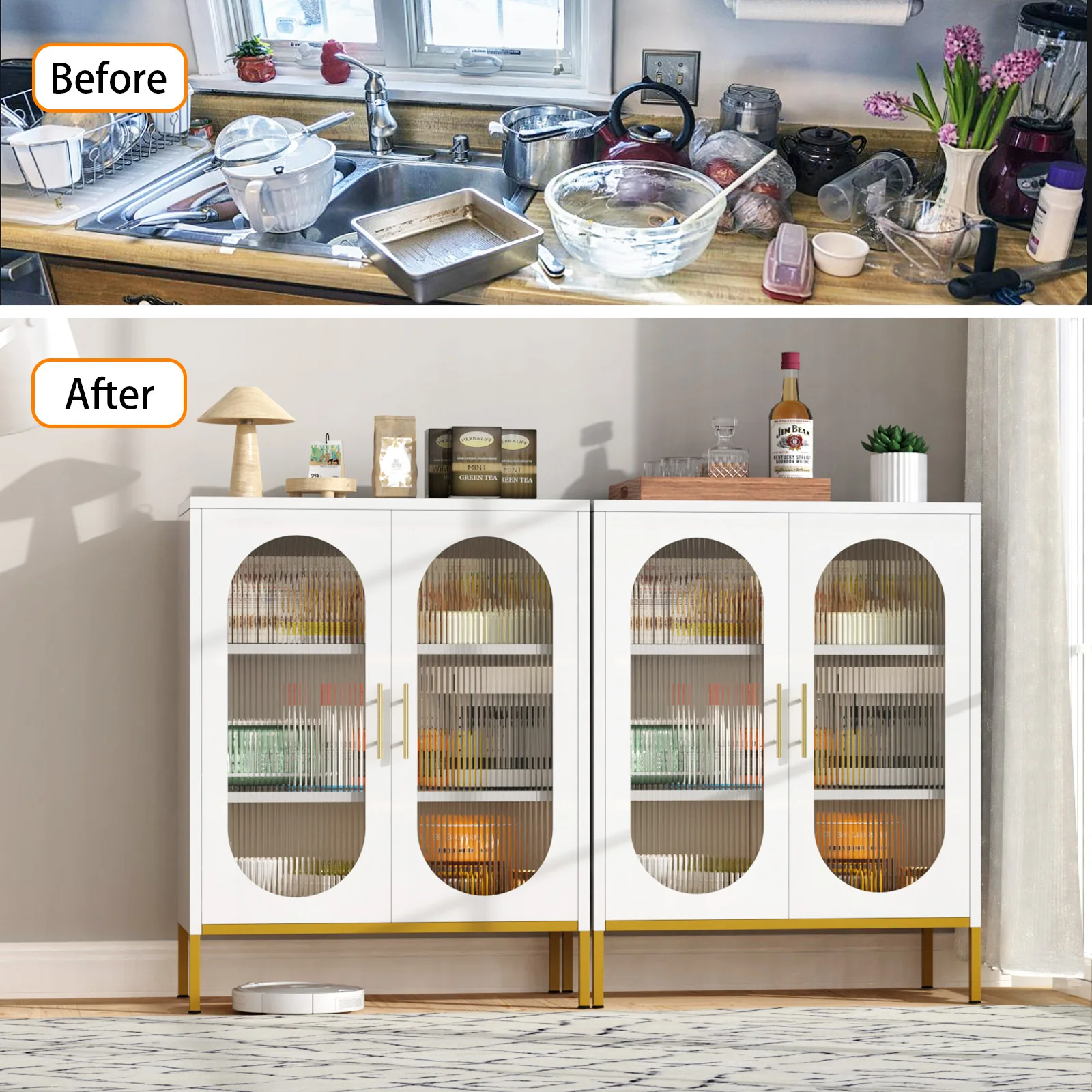 New Design Double doors Glass Display Cabinet Sideboard Storage Cabinet for Living Room