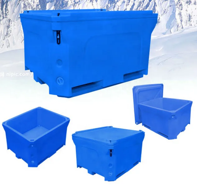 Large fish and shrimp refrigerated cooler box with 4 way forklift entry