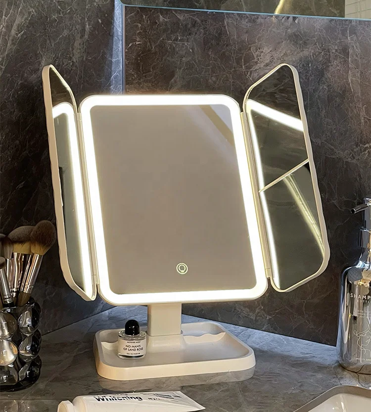 Smart Led Desktop Three-Folding Shell Leather Mirror Rotating Touch Infinite Dimming Makeup Mirror Dressing Mirror Storage Box