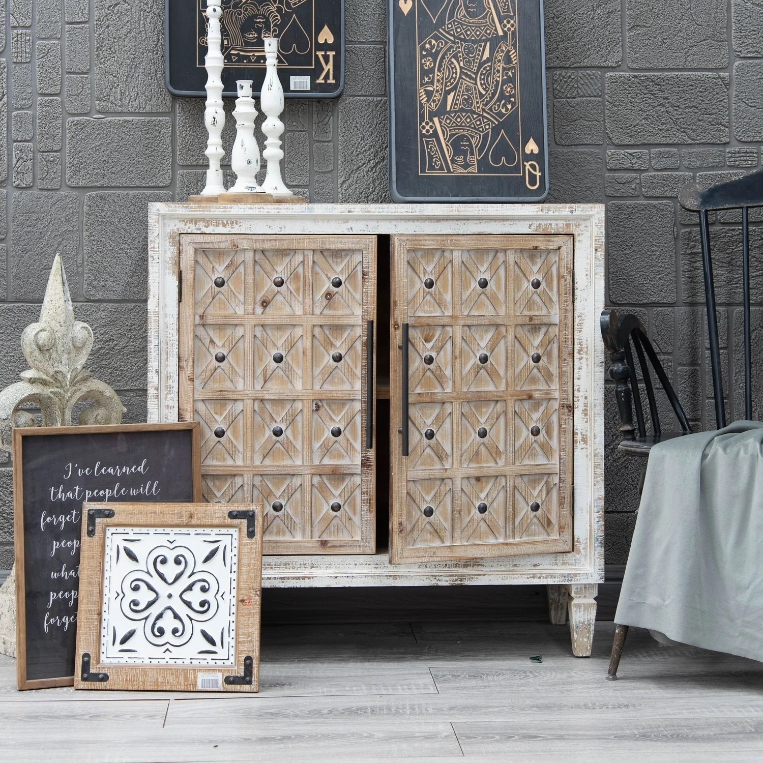 INNOVA Farmhouse Home Living Room Vintage Rustic Carved Wood Storage Cabinet Furniture