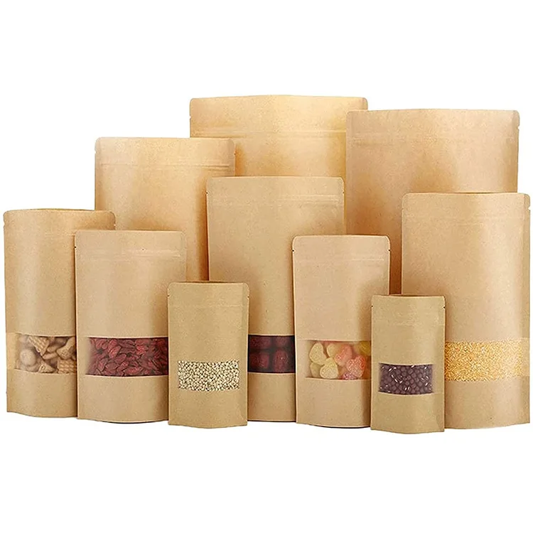 Wholesale Kraft Stand Up Bulk Pouches Resealable Paper Ziplock Bags with Window 100 Pcs Sealable Food Storage Packaging Bags