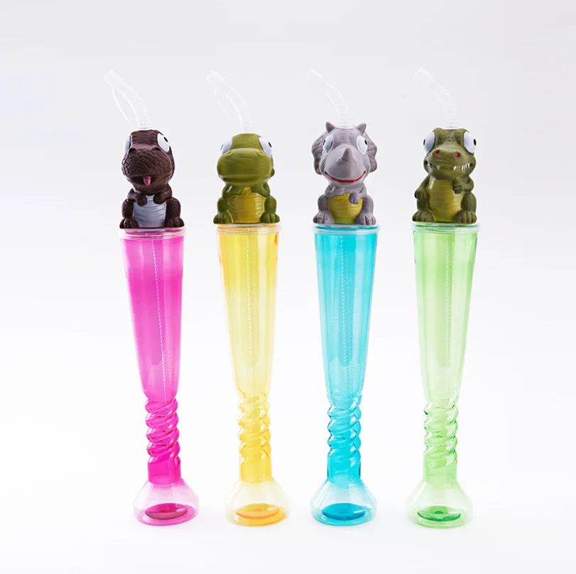 Hot Selling Personalized 500ml Dinosaur Shark Cartoon Clear PET Plastic Slush Yard Cup With Lid And Straw