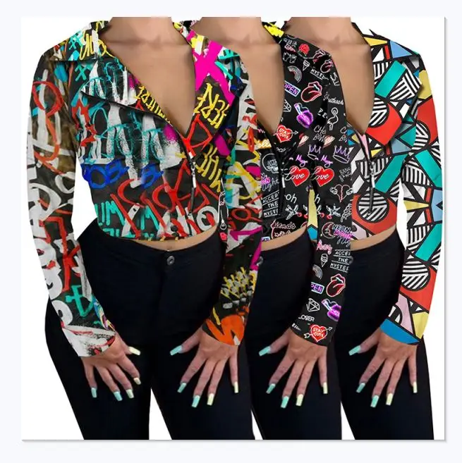 Foma Clothes Impressionism Love Pattern Womens Jacket And Coats Casual Crop Top Coat