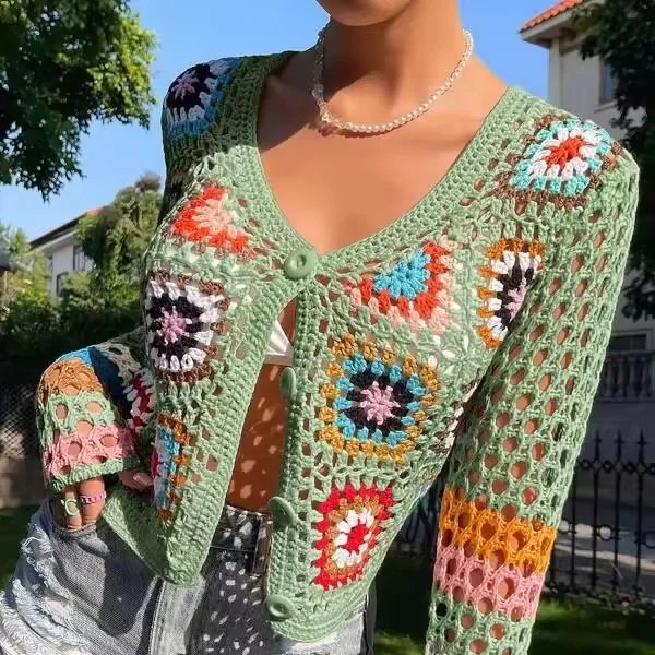 Logo Custom pattern New Boho Crochet Tops Floral Pattern Hollow Button Front Cardigan Women Knitted Sweater Cardigan