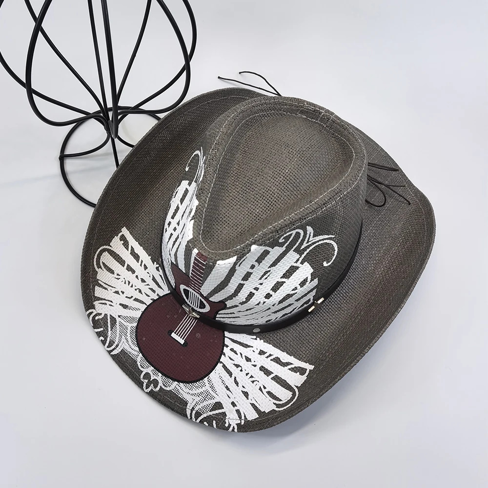 Stock Men Straw Cowboy Hat American Western Texas Straw Hat Shapable Brim Sombreros Guitar Painting Women Straw Cowgirl hat