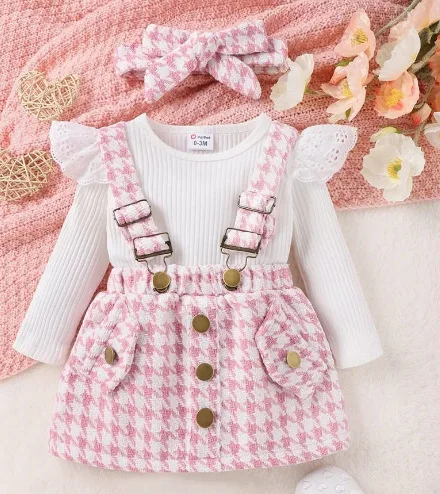 Ins European Style Polka Dot Lapel Single Breasted Long Sleeve Top With Halter Bow Skirt 3pcs Set Suit For Toddlers Girls