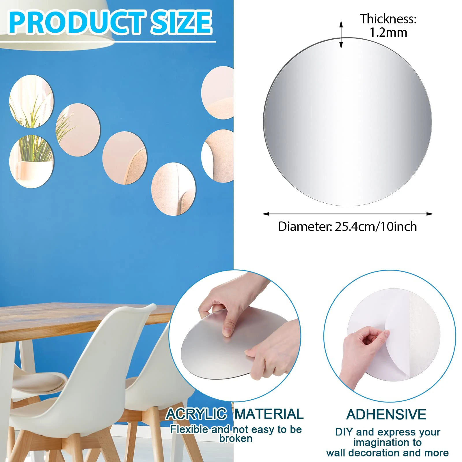 4/6/8/10 inch Adhesive Round Wall Acrylic Mirror Tiles Frameless Wall-Mount Mirrors for Bedroom Bathroom Craft Decor