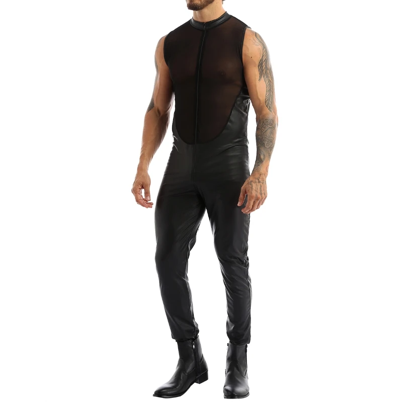  Cheap Male Shiny Patent Bodysuit Full Body Mens Black Double Zipper Leotard Jumpsuit