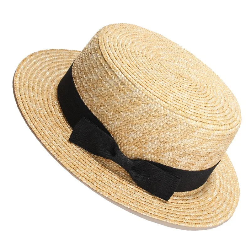 New Style Flat Top Skimmer Boater Hat Wholesale Straw Hat Summer Natural Wheat Straw Hat