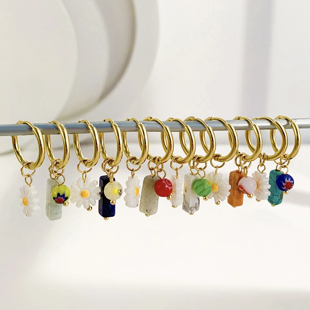 Bohemian Handmade Natural Stone Beads Hoop Earrings for Women Golden Color Stainless Steel Circle Huggie Hoops Jewelry Bijoux