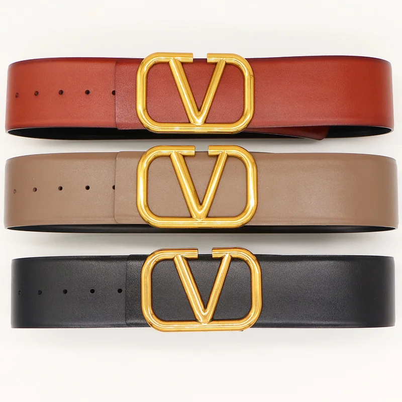 Luxury Brand High Quality Designer With Alloy Slide Buckle 7cm Wide Reversible V Letter Leather Belt