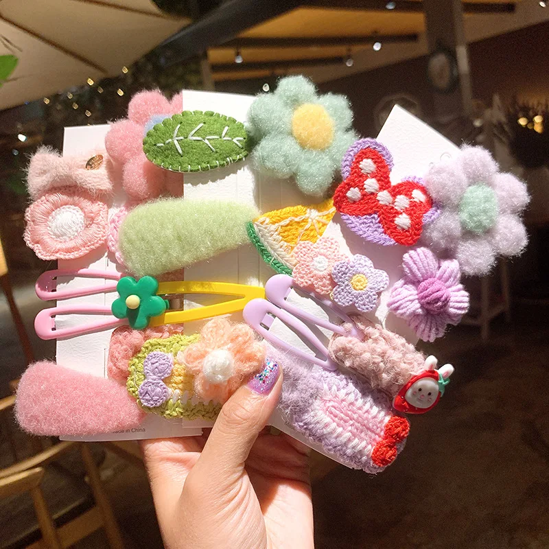 8 Pcs Set Wholesale Korean Sweet Cute Cartoon Wool Plush Bow Flower Kids Hair Clip Flower Hairpins Set For Girls