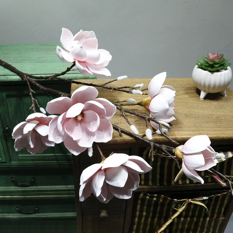 New Arrived Real Touch 6 Heads Artificial Magnolia Branches 125CM Artificial Magnolia