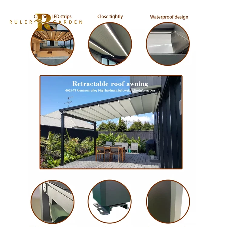 Custom Powder Coating Outdoor Waterproof Awning Cover With Built Drain System Retractable Canopies