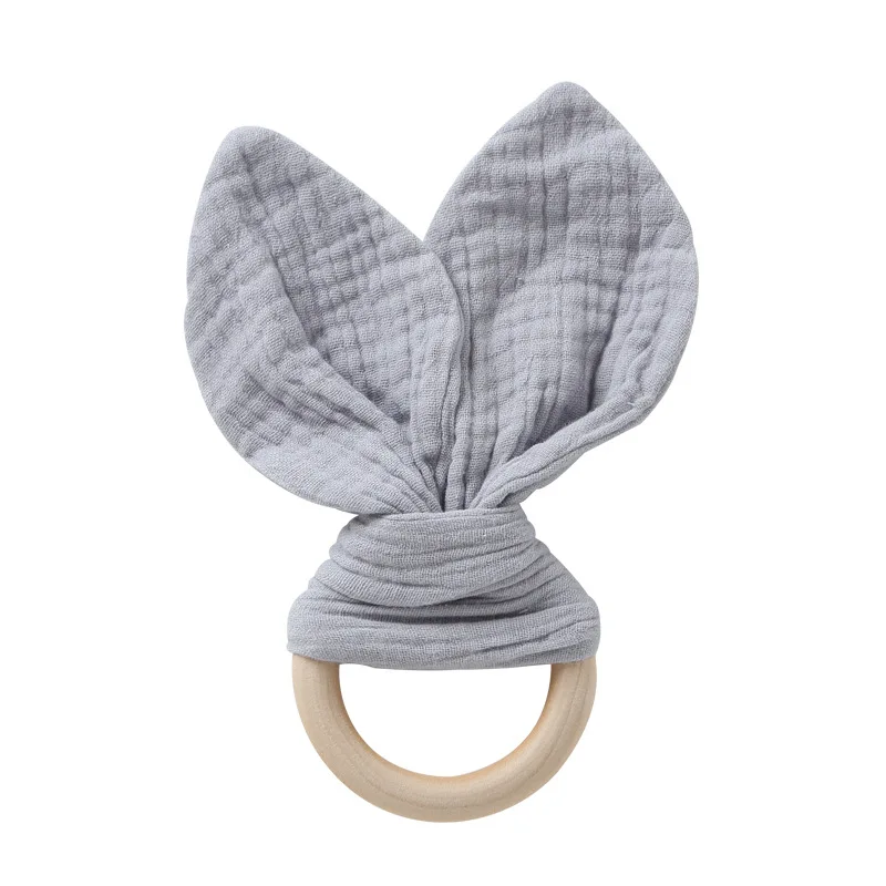 Solid color cotton Muslin blanket Bunny Ear Shape Wood Ring Rattles Baby Wooden Teether Toy Gift Set
