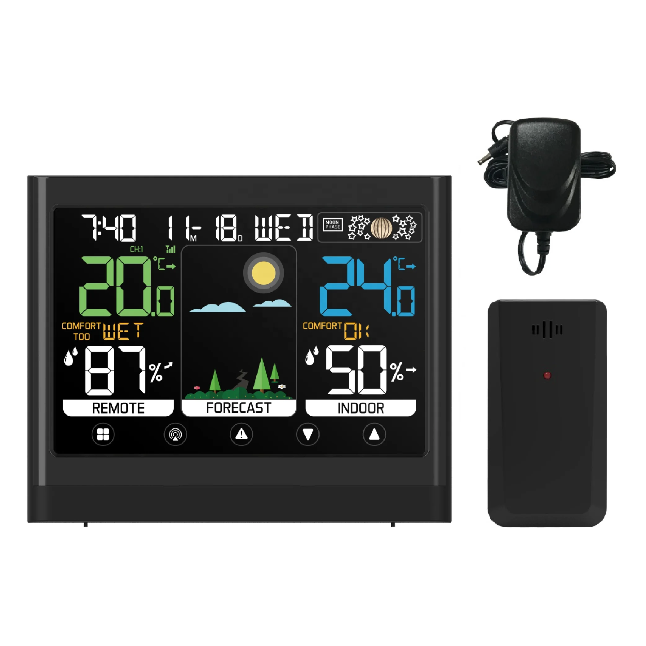 433MHz wireless RF color weather station clock with touch keys and indoor outdoor temperature humidity moldy risk alert