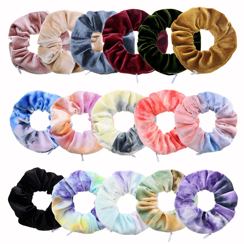 Wholesale Bulk High Quality Zipper Scrunchies Velvet Luxury zipper pouch Hair Scrunchie For Kids