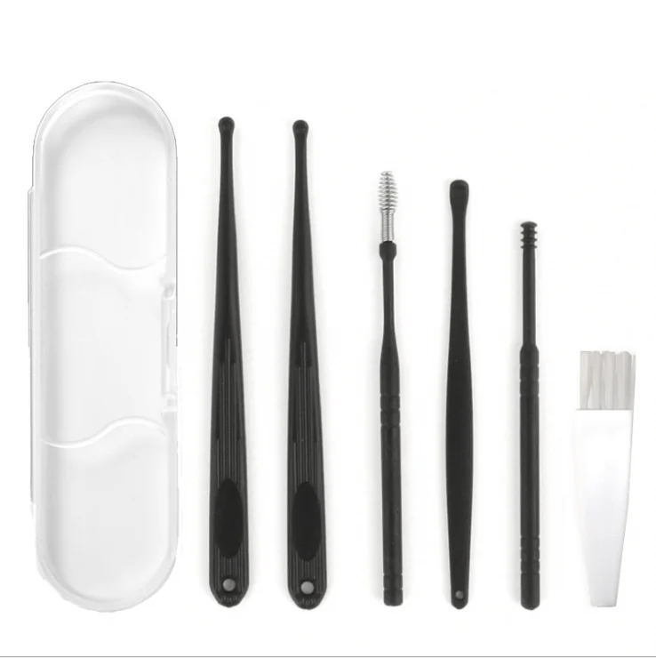 7 Pcs Portable Black Stainless Steel Ear Pick Ear wax Removal Kit Ear Spoon Cleaning Tool