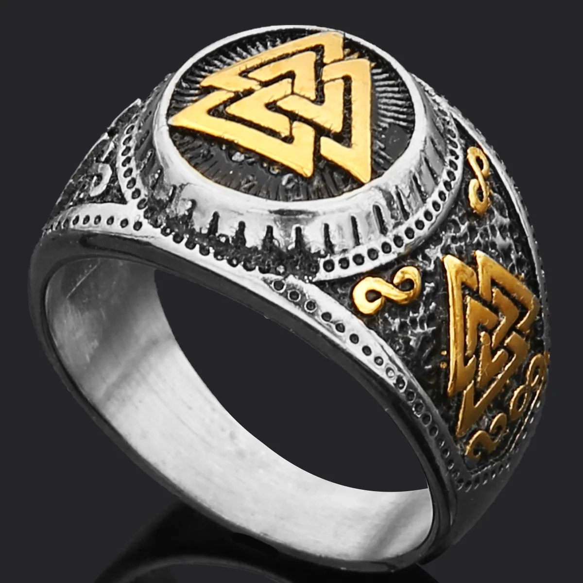 Hip Hop Stainless Steel Nordic Celtic Knot Valknut Rune Wolf Head Gold Rings Men Viking