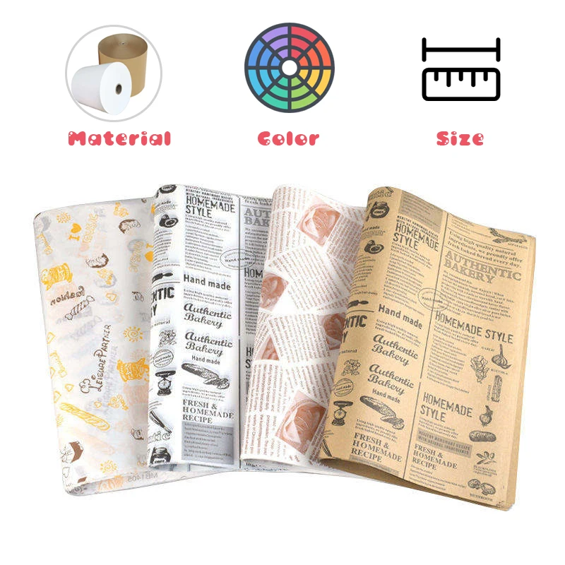 Biodegradable Printed Logo Customized Food Grade Wrapping Paper Sheet, Grease Proof Food Packaging