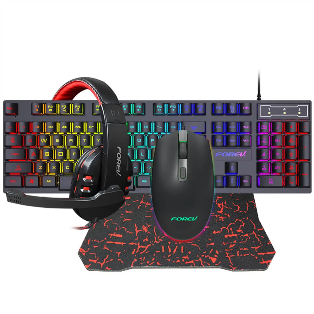 FV-Q809 Professional wired Gaming Keyboard and mouse headset four - piece RGB Backlit running horse lamp effect