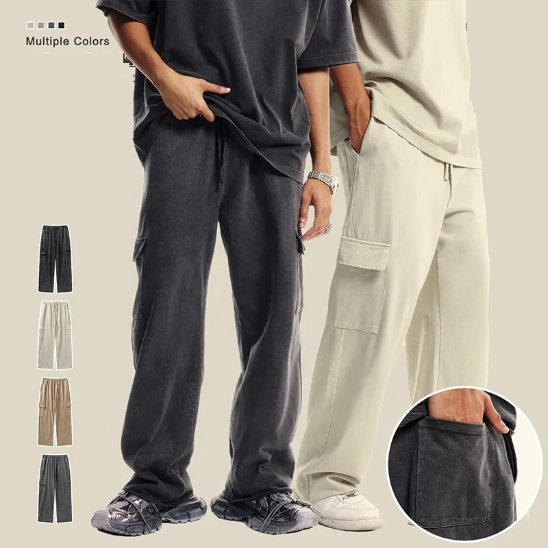 358GSM Heavyweight Retro Washed Thin Multi-pocket Decorative Straight Leg Pants Elastic Drawstring Casual Cargo Pants