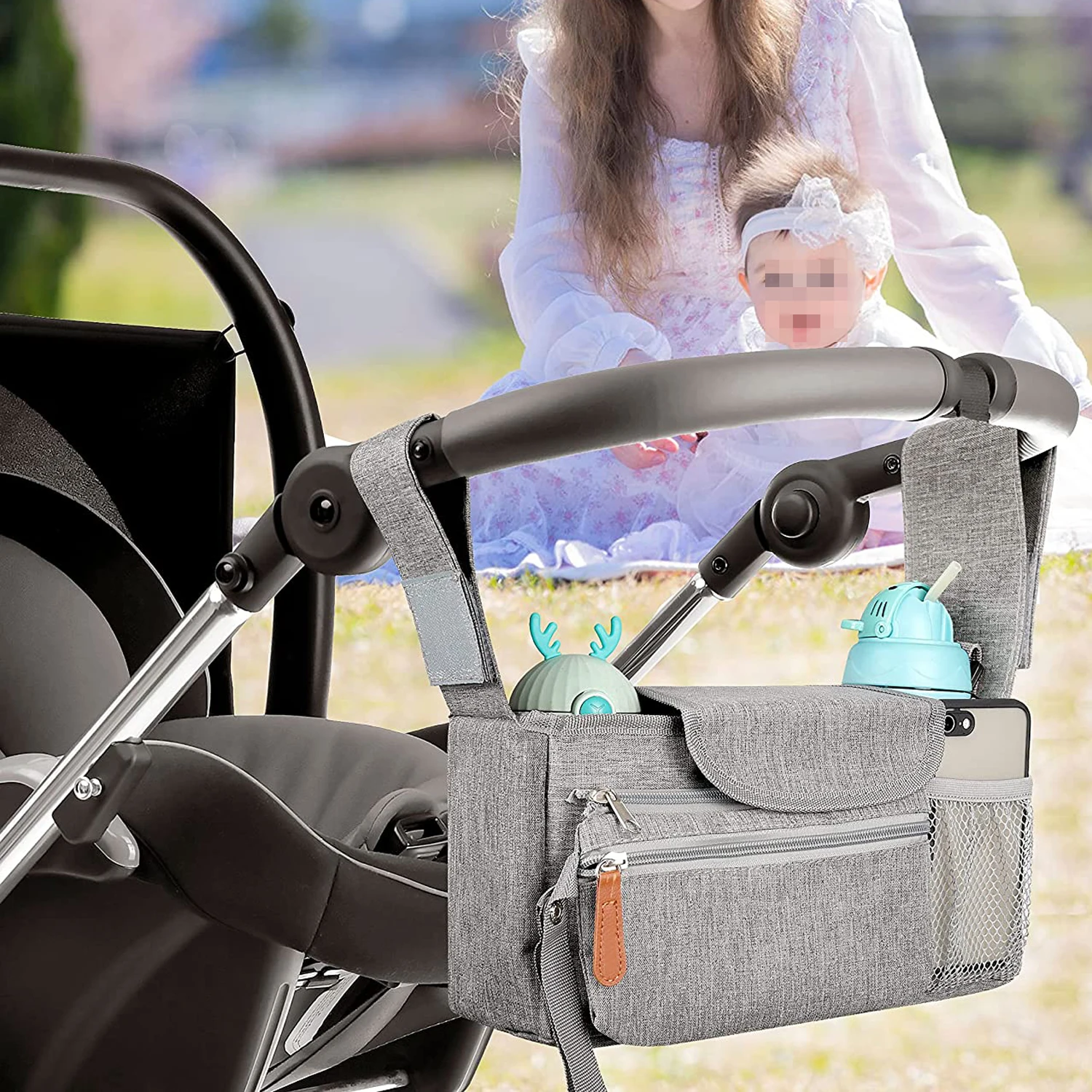 Universal Baby Stroller Organizer Bag Parent Console with Cup Holder and Detachable Handbag Fits All Baby Strollers