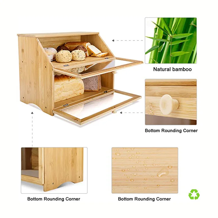 Modern Kitchen Bamboo Food Bread Bin Loaf Toast Storage Box 2 Layer Luxury Large Capacity Countertop with Acrylic Lid