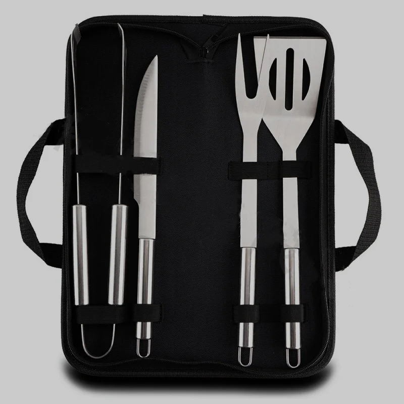 wholesale  canvas bag barbecue set combination stainless steel grill fork spatula clamp round tube handle tool