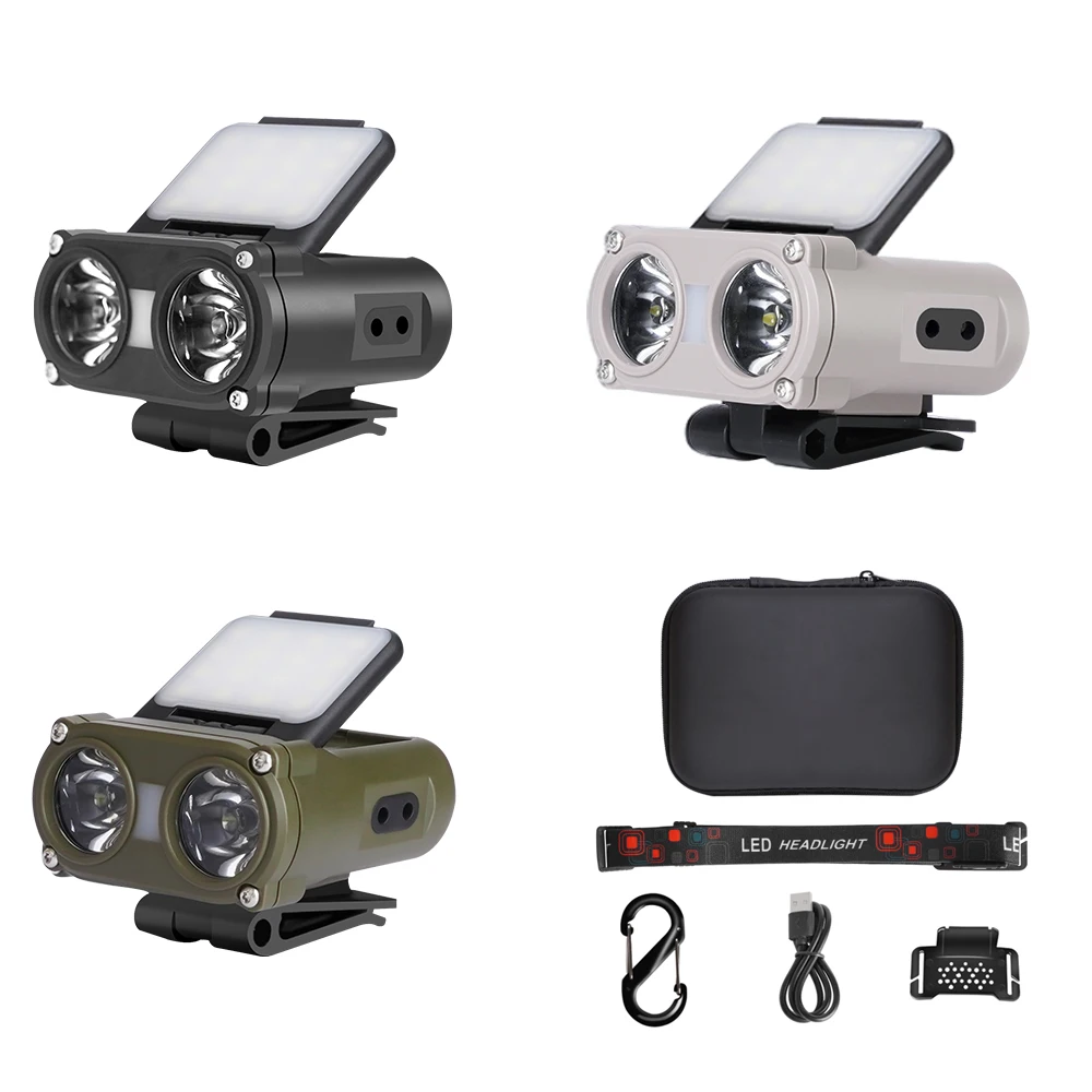 Dual Beam Hat Clip Cap Light Mini LED Headlamp Sensor Headlight USB Rechargeable 180 Degree Adjustable Angle Camping Headlamp