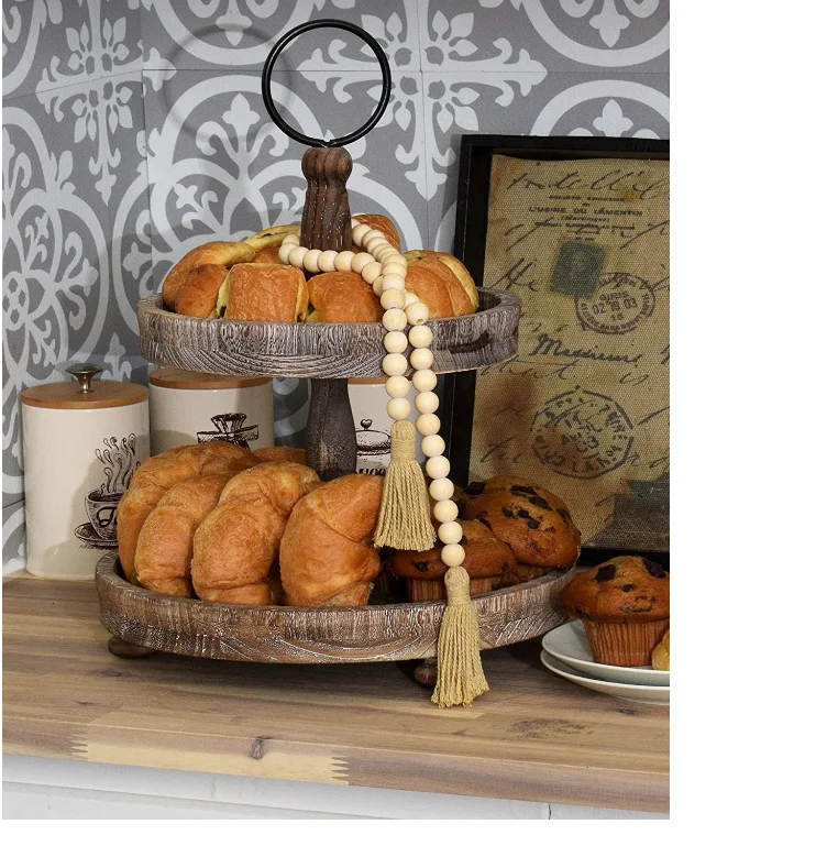 Creative Distressed Black Wood Metal Handle 2 Tier Wooden Tray Cake Stand