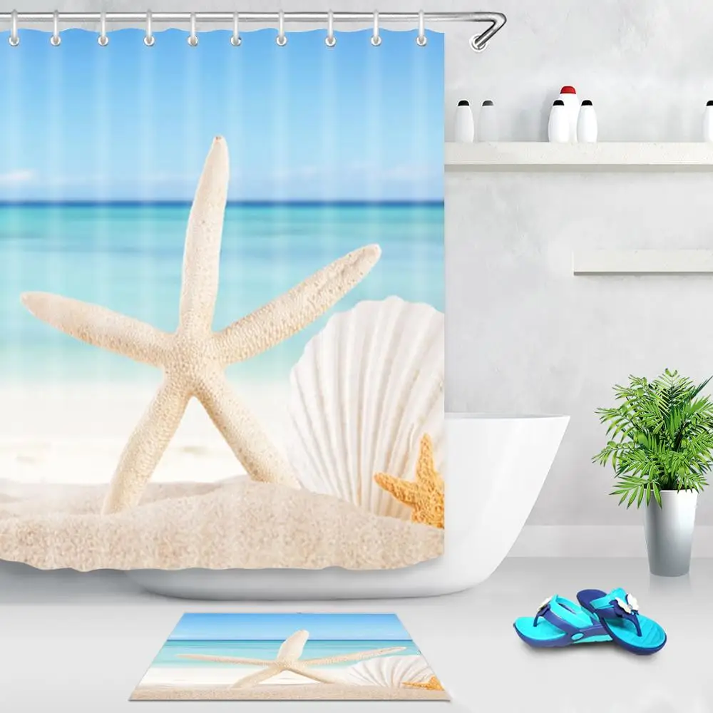 Yutong Ready Made 90gsm Polyester 3D Printing Curtain Waterproof Fabric Bathroom Printed Staifish Shell Beach Shower  Curtains