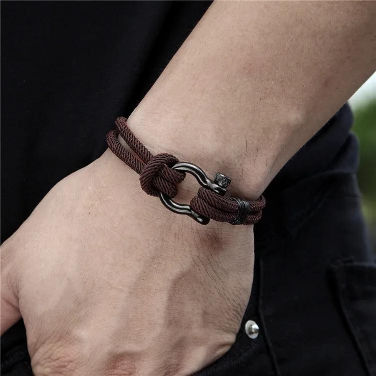 Handmade stainless steel d Shackle Nylon Woven Bracelet European Screw Off Ends Shackle Rope Bracelet