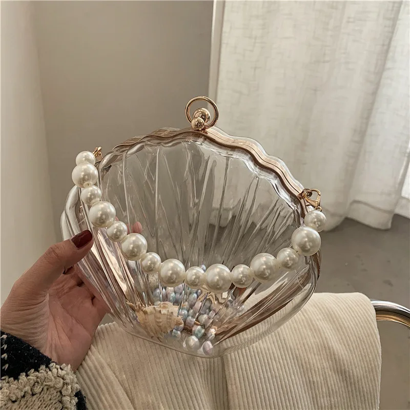 Acrylic shell shape clear clutch bag women designer evening party cute purse new blue yellow rose handbag High Quality