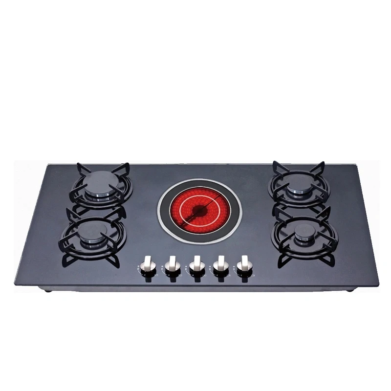 Chinese manufacturer Build in 5 burner gas and ceramic hob with glass panel gas hob