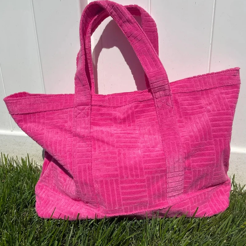 Personalized Monogram Travel Terry Bag Woman Tote Beach Custom Large Plaid Tote Bag