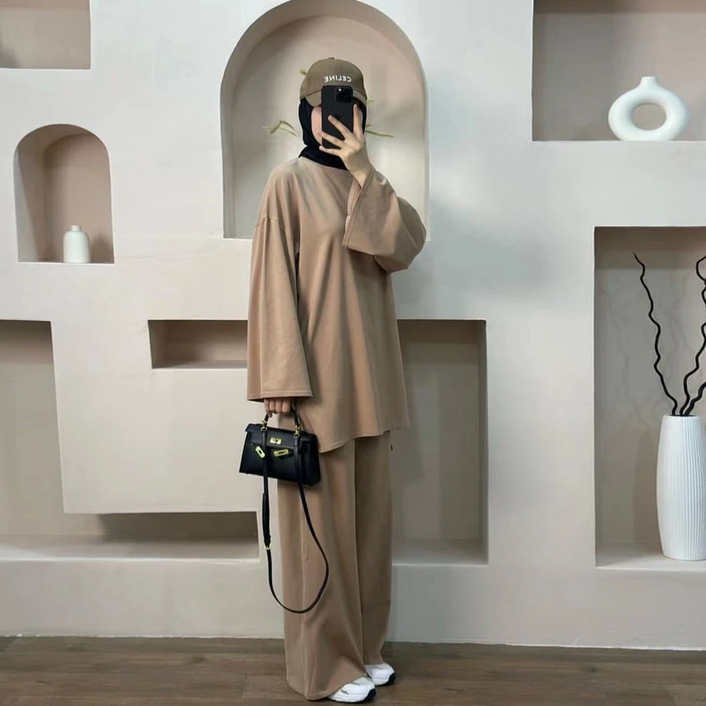 Winter Autumn Cotton Co Ords with Pants Pockets Modest Solid Color Muslim Women Islamic Clothing Wholesale Set Stock Abaya